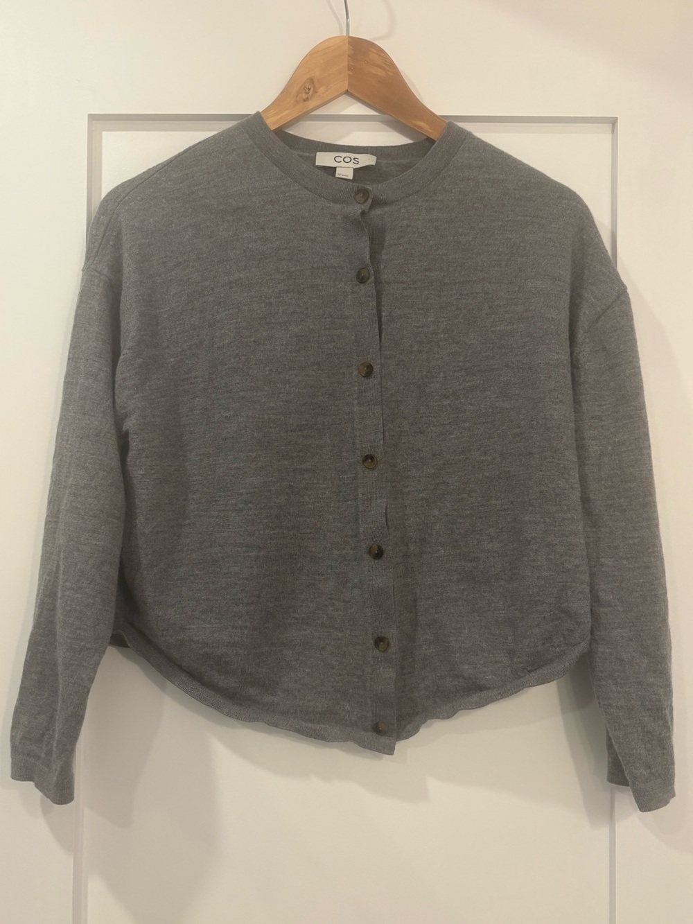 COS Grey 100% Wool Button Front Cardigan Size S Crew Neck Knit Sweater